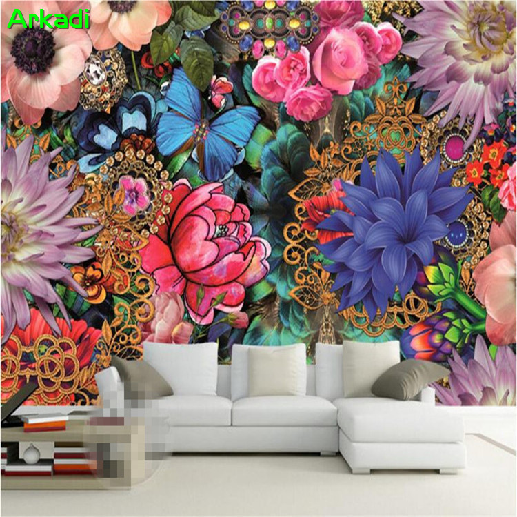   Ƽ    ȭ TV   Ž    3D  ǳ/Modern European Vintage Floral Butterfly Peony Mural TV Background Wall Living Room Wall Decorativ